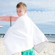 Play mat towels are wearable: they snap on with safe plastic snaps to be worn over the shoulders as a cape and other ways. Perfect after a swim or bath!