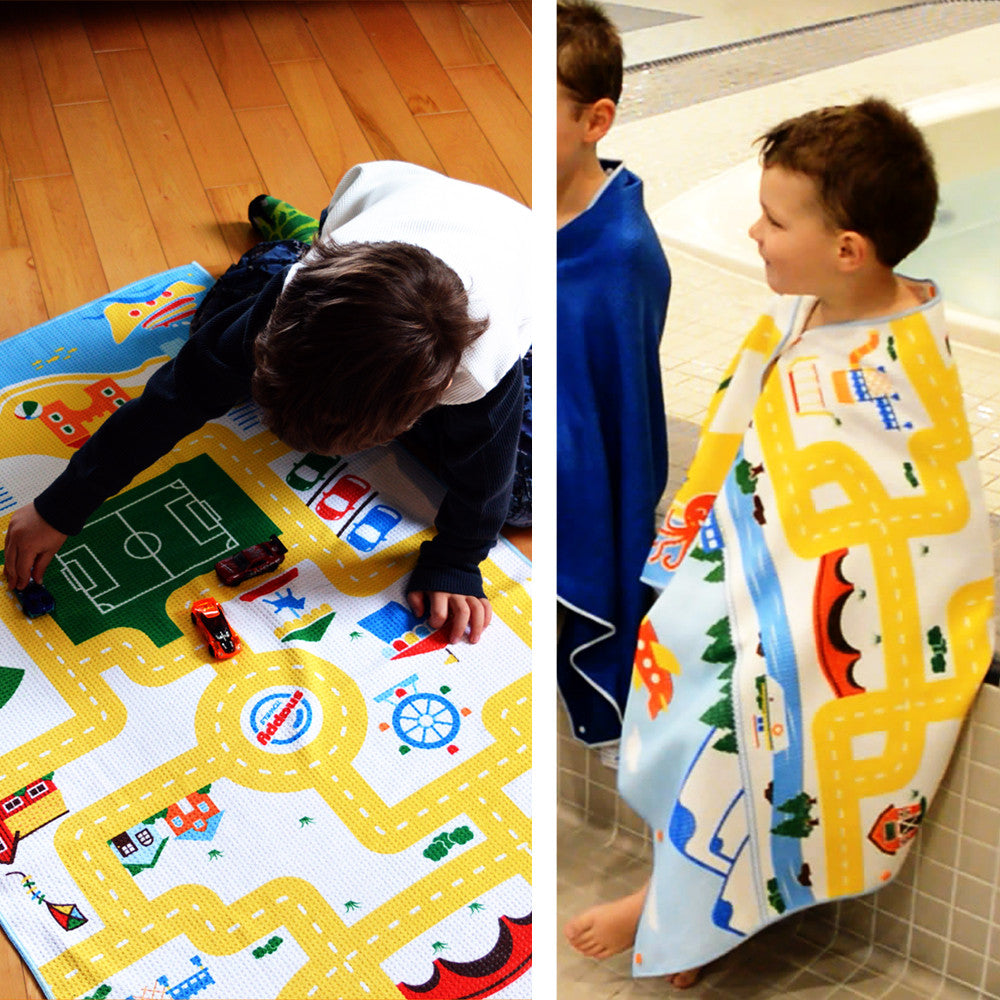 Play mat, travel towel, wearable towel all-in-one. Beach towel for kids.